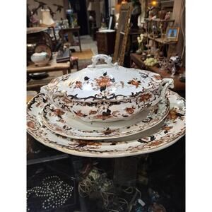 Antique Imari Tureen, Underplate & Platter Ornate Floral Hand Painted Accents